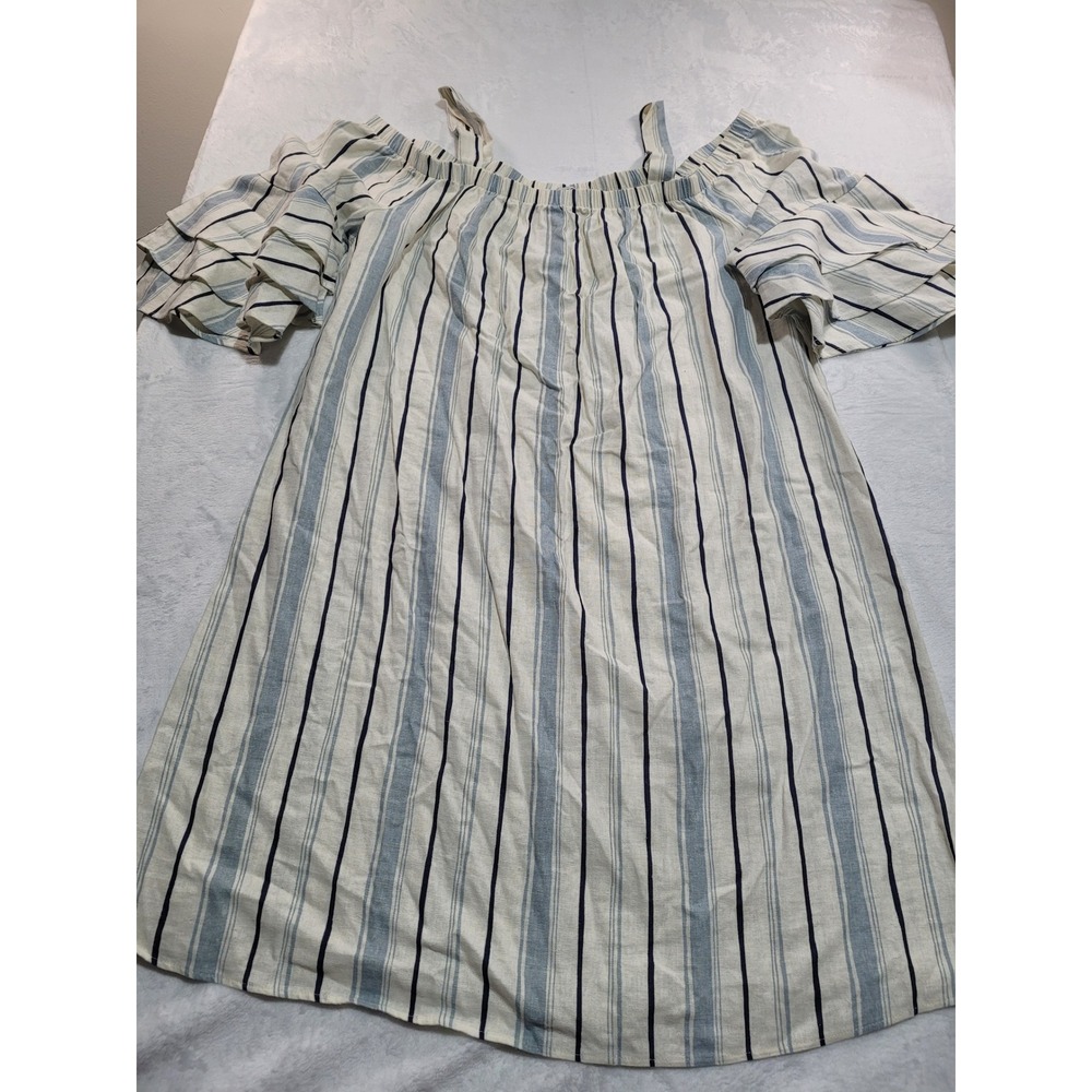 Moa Moa Dress Womens 1X Blue Cream Striped Ruffle Cold Shoulder Boho